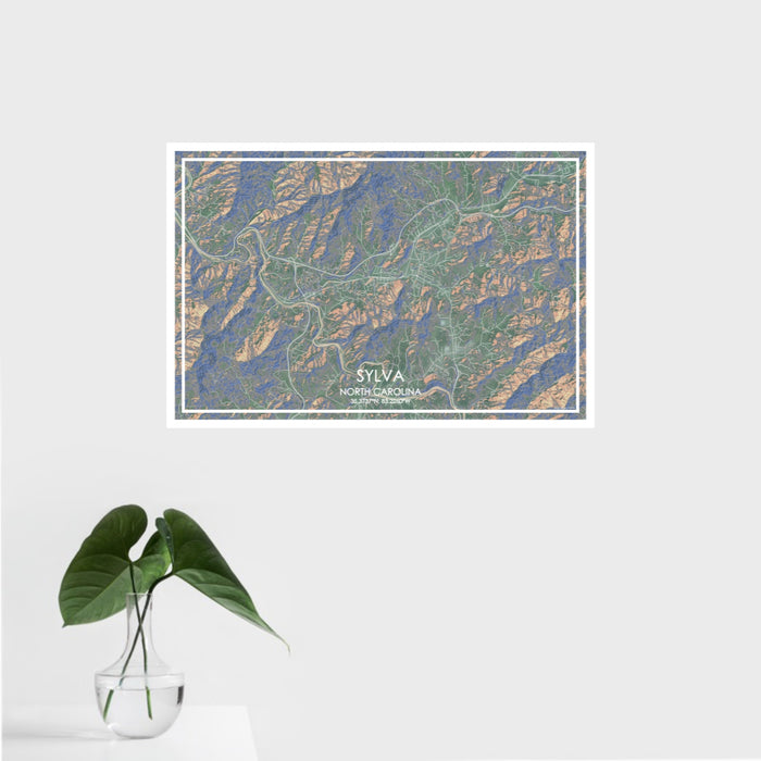 16x24 Sylva North Carolina Map Print Landscape Orientation in Afternoon Style With Tropical Plant Leaves in Water