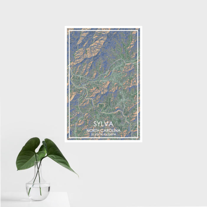 16x24 Sylva North Carolina Map Print Portrait Orientation in Afternoon Style With Tropical Plant Leaves in Water