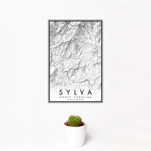 12x18 Sylva North Carolina Map Print Portrait Orientation in Classic Style With Small Cactus Plant in White Planter