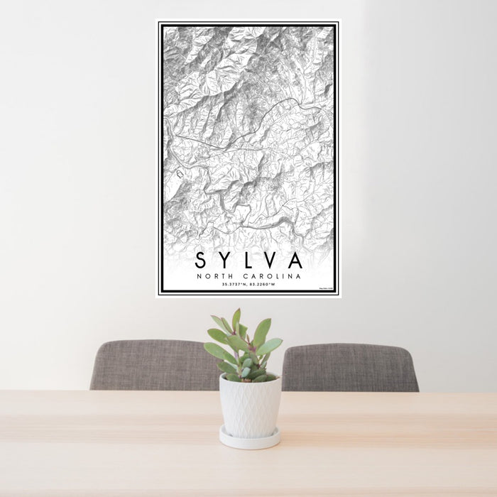 24x36 Sylva North Carolina Map Print Portrait Orientation in Classic Style Behind 2 Chairs Table and Potted Plant