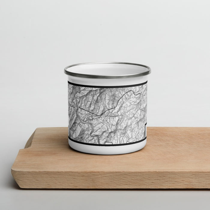 Front View Custom Sylva North Carolina Map Enamel Mug in Classic on Cutting Board