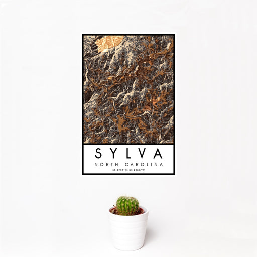 12x18 Sylva North Carolina Map Print Portrait Orientation in Ember Style With Small Cactus Plant in White Planter