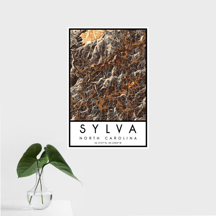 16x24 Sylva North Carolina Map Print Portrait Orientation in Ember Style With Tropical Plant Leaves in Water