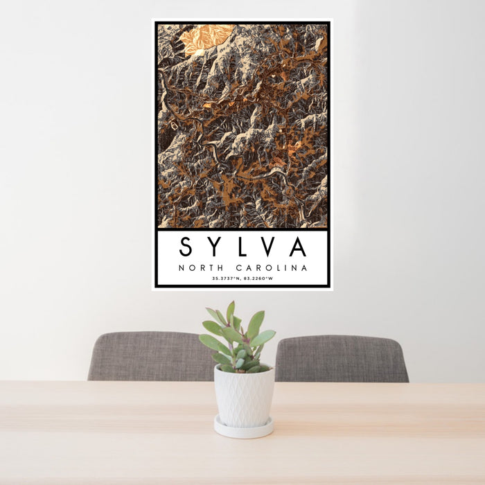 24x36 Sylva North Carolina Map Print Portrait Orientation in Ember Style Behind 2 Chairs Table and Potted Plant