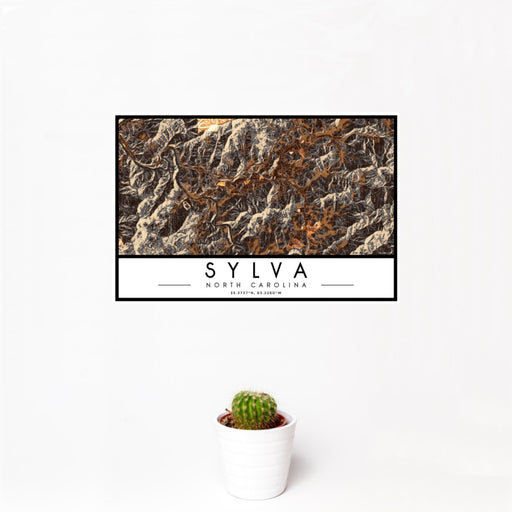 12x18 Sylva North Carolina Map Print Landscape Orientation in Ember Style With Small Cactus Plant in White Planter