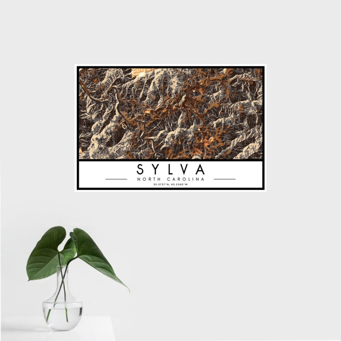 16x24 Sylva North Carolina Map Print Landscape Orientation in Ember Style With Tropical Plant Leaves in Water