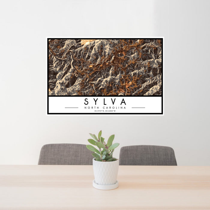 24x36 Sylva North Carolina Map Print Landscape Orientation in Ember Style Behind 2 Chairs Table and Potted Plant