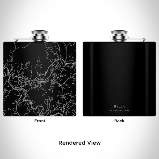 Rendered View of Sylva North Carolina Map Engraving on 6oz Stainless Steel Flask in Black