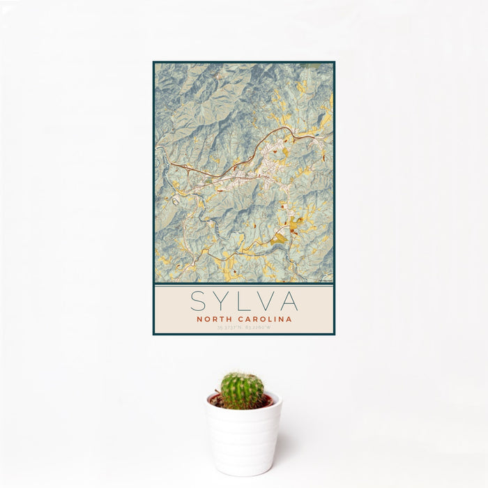12x18 Sylva North Carolina Map Print Portrait Orientation in Woodblock Style With Small Cactus Plant in White Planter