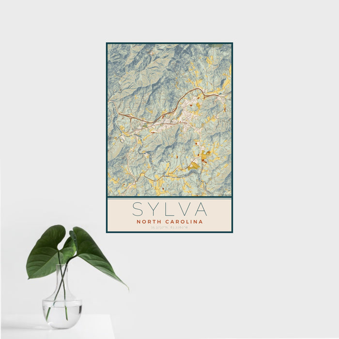16x24 Sylva North Carolina Map Print Portrait Orientation in Woodblock Style With Tropical Plant Leaves in Water