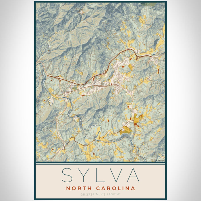 Sylva North Carolina Map Print Portrait Orientation in Woodblock Style With Shaded Background