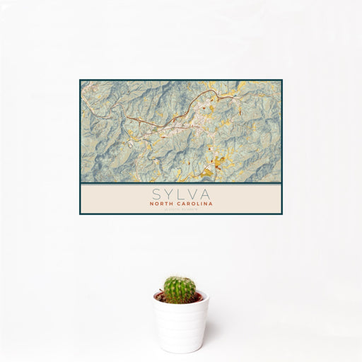 12x18 Sylva North Carolina Map Print Landscape Orientation in Woodblock Style With Small Cactus Plant in White Planter