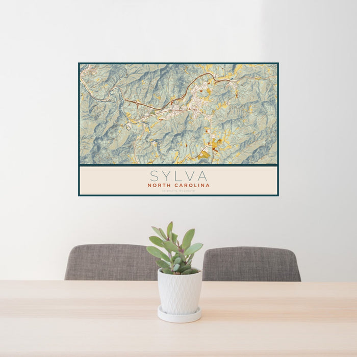 24x36 Sylva North Carolina Map Print Landscape Orientation in Woodblock Style Behind 2 Chairs Table and Potted Plant