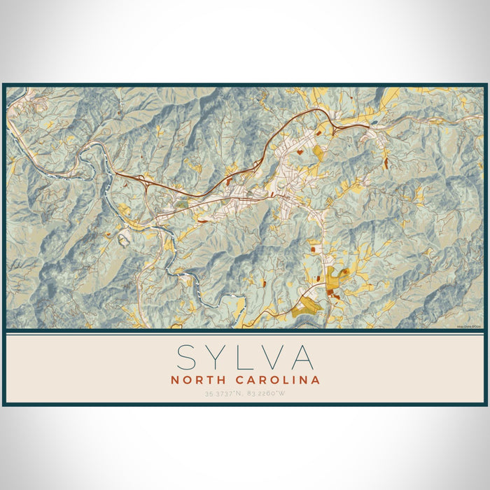 Sylva North Carolina Map Print Landscape Orientation in Woodblock Style With Shaded Background