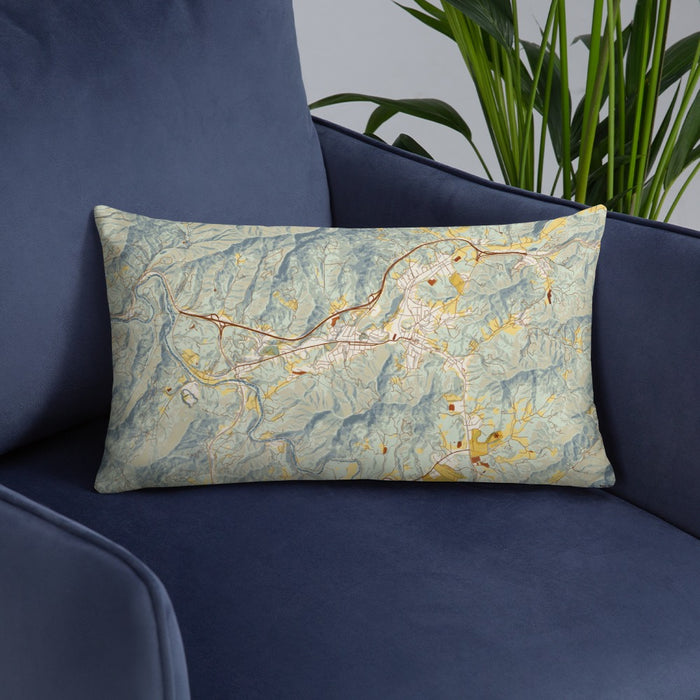 Custom Sylva North Carolina Map Throw Pillow in Woodblock on Blue Colored Chair