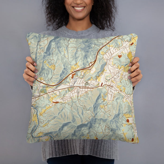 Person holding 18x18 Custom Sylva North Carolina Map Throw Pillow in Woodblock