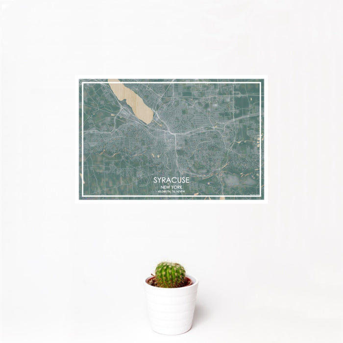 12x18 Syracuse New York Map Print Landscape Orientation in Afternoon Style With Small Cactus Plant in White Planter