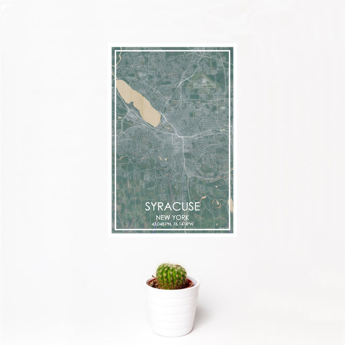 12x18 Syracuse New York Map Print Portrait Orientation in Afternoon Style With Small Cactus Plant in White Planter