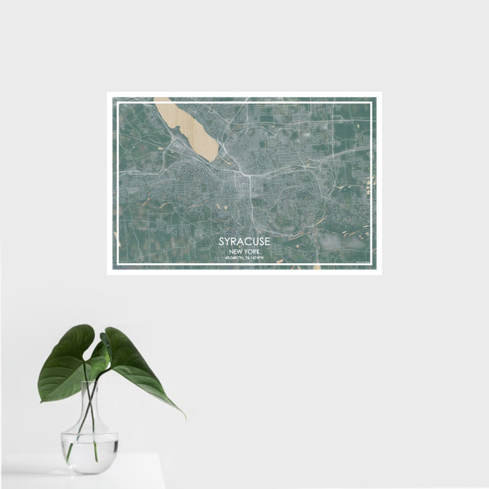 16x24 Syracuse New York Map Print Landscape Orientation in Afternoon Style With Tropical Plant Leaves in Water