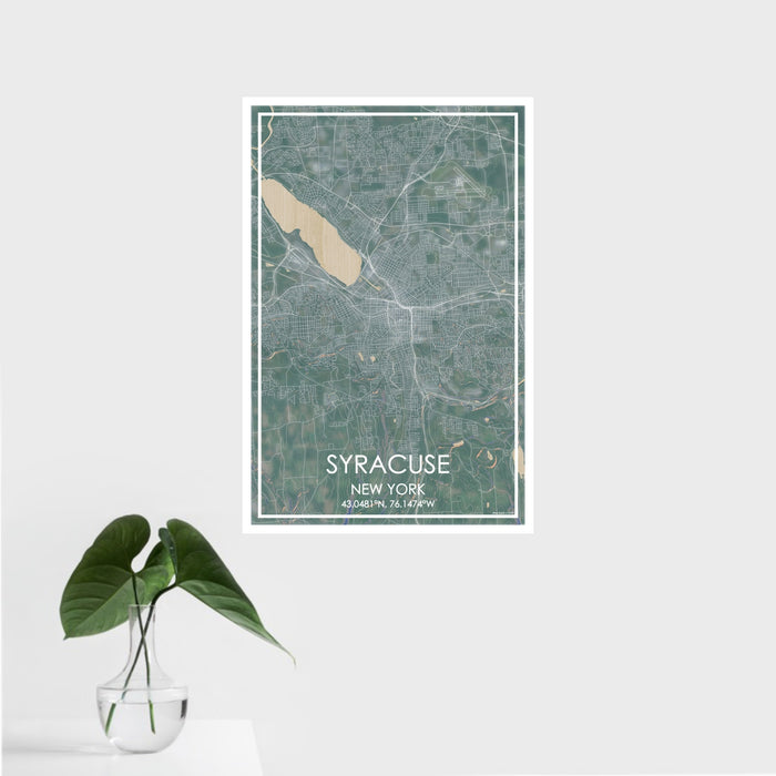 16x24 Syracuse New York Map Print Portrait Orientation in Afternoon Style With Tropical Plant Leaves in Water