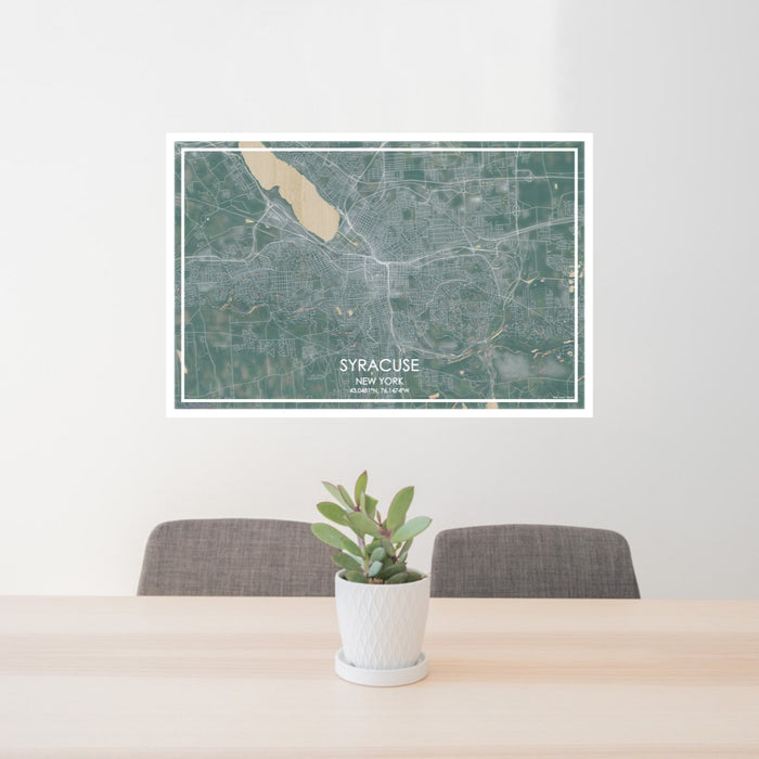 24x36 Syracuse New York Map Print Lanscape Orientation in Afternoon Style Behind 2 Chairs Table and Potted Plant