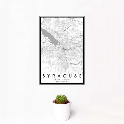 12x18 Syracuse New York Map Print Portrait Orientation in Classic Style With Small Cactus Plant in White Planter