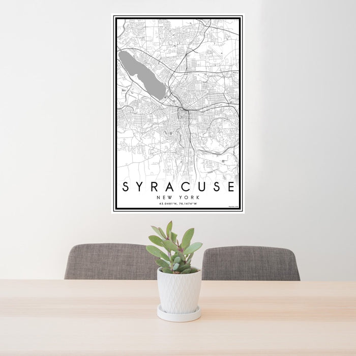24x36 Syracuse New York Map Print Portrait Orientation in Classic Style Behind 2 Chairs Table and Potted Plant