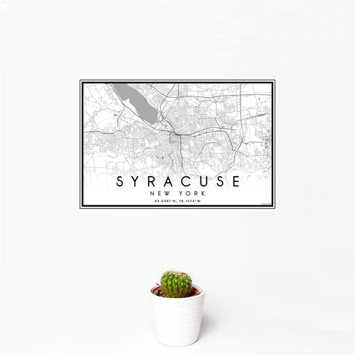 12x18 Syracuse New York Map Print Landscape Orientation in Classic Style With Small Cactus Plant in White Planter