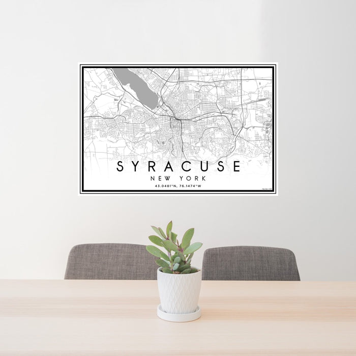 24x36 Syracuse New York Map Print Landscape Orientation in Classic Style Behind 2 Chairs Table and Potted Plant