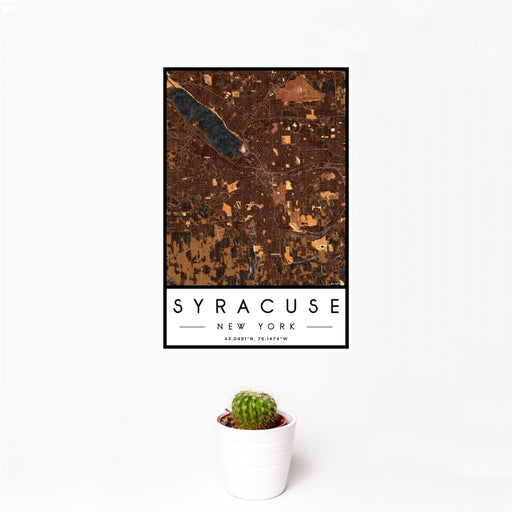 12x18 Syracuse New York Map Print Portrait Orientation in Ember Style With Small Cactus Plant in White Planter
