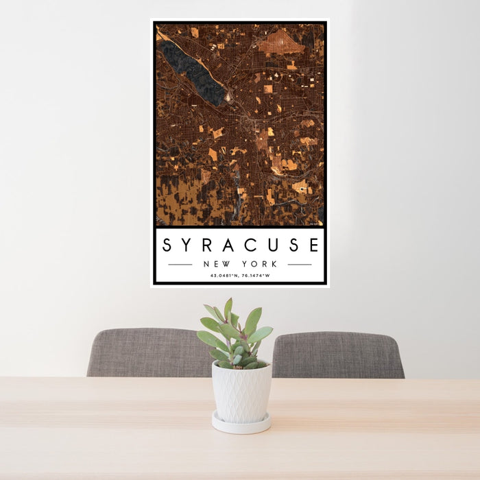 24x36 Syracuse New York Map Print Portrait Orientation in Ember Style Behind 2 Chairs Table and Potted Plant