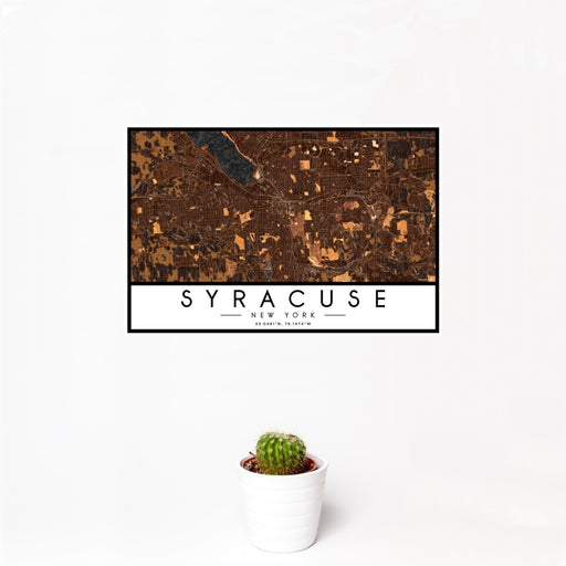 12x18 Syracuse New York Map Print Landscape Orientation in Ember Style With Small Cactus Plant in White Planter