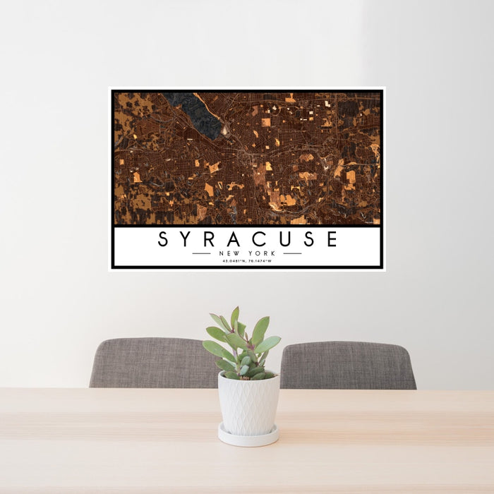 24x36 Syracuse New York Map Print Landscape Orientation in Ember Style Behind 2 Chairs Table and Potted Plant
