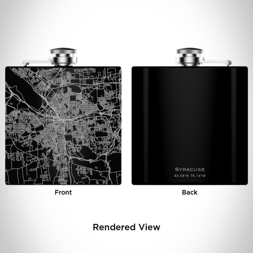 Rendered View of Syracuse New York Map Engraving on 6oz Stainless Steel Flask in Black