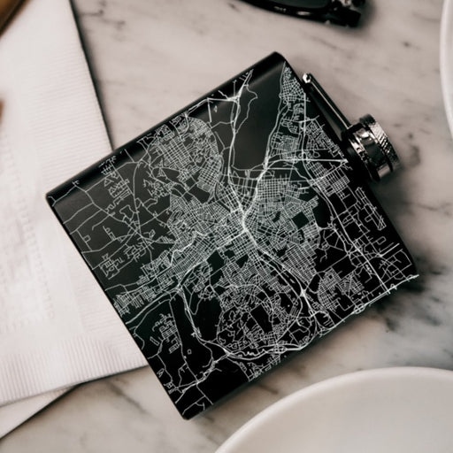 Syracuse New York Custom Engraved City Map Inscription Coordinates on 6oz Stainless Steel Flask in Black