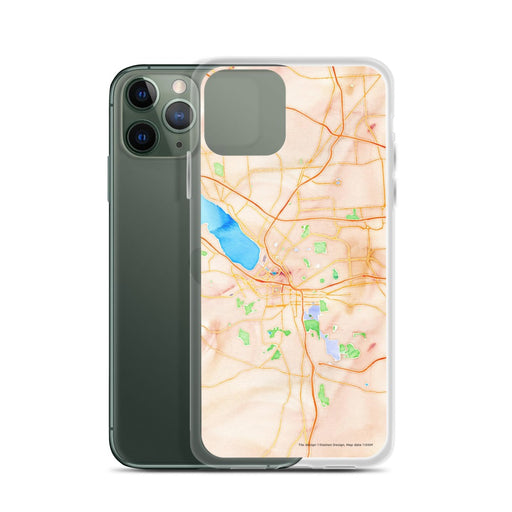 Custom Syracuse New York Map Phone Case in Watercolor on Table with Laptop and Plant