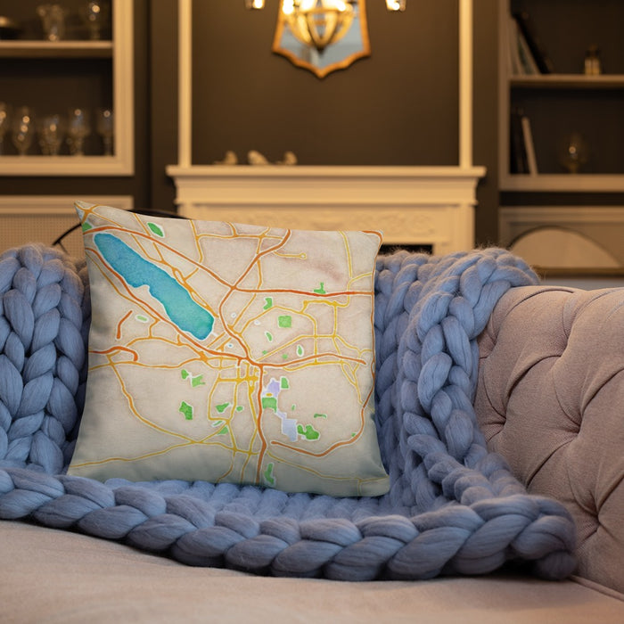 Custom Syracuse New York Map Throw Pillow in Watercolor on Cream Colored Couch