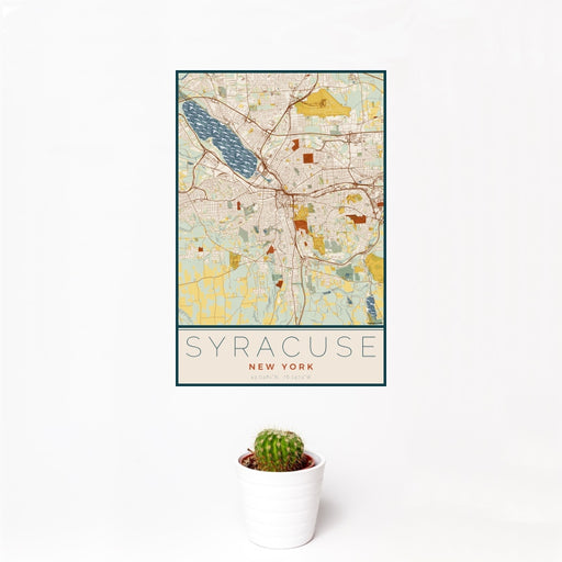 12x18 Syracuse New York Map Print Portrait Orientation in Woodblock Style With Small Cactus Plant in White Planter