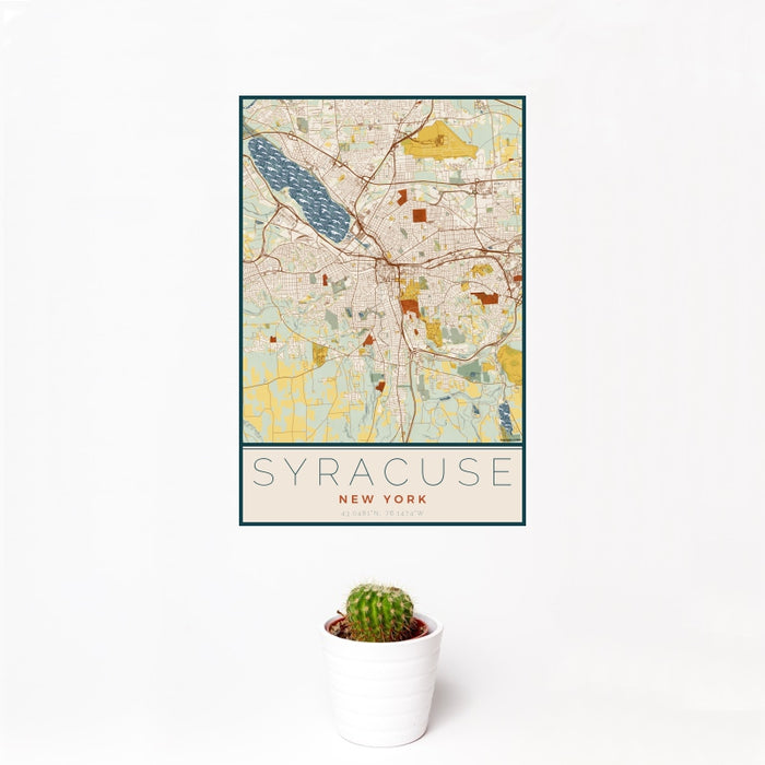 12x18 Syracuse New York Map Print Portrait Orientation in Woodblock Style With Small Cactus Plant in White Planter