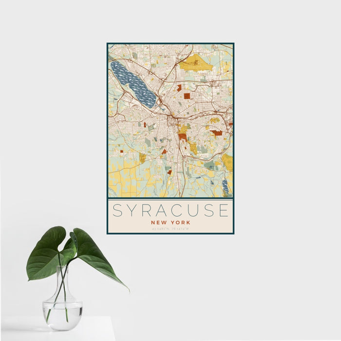 16x24 Syracuse New York Map Print Portrait Orientation in Woodblock Style With Tropical Plant Leaves in Water