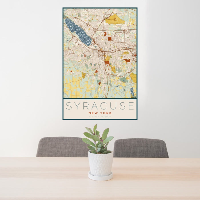 24x36 Syracuse New York Map Print Portrait Orientation in Woodblock Style Behind 2 Chairs Table and Potted Plant
