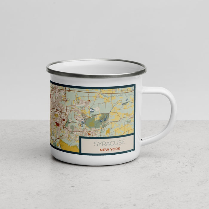 Right View Custom Syracuse New York Map Enamel Mug in Woodblock