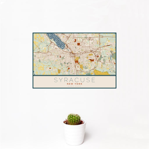 12x18 Syracuse New York Map Print Landscape Orientation in Woodblock Style With Small Cactus Plant in White Planter