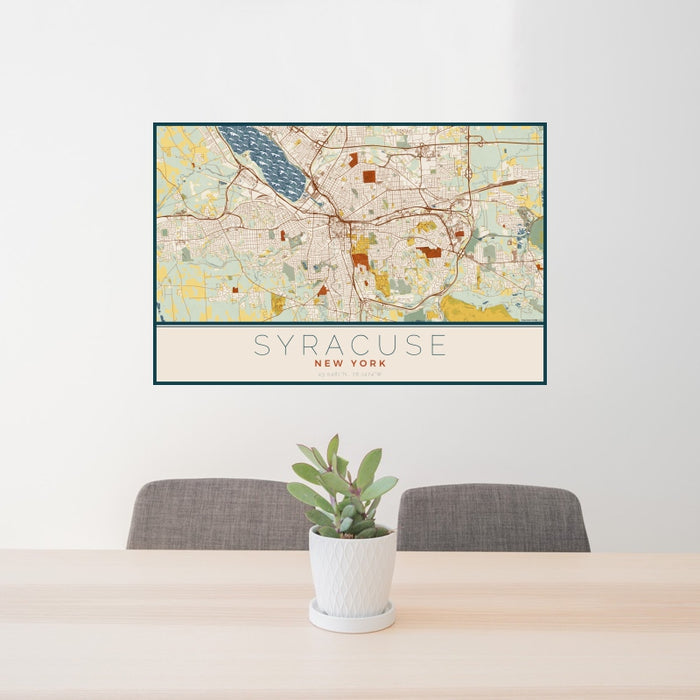 24x36 Syracuse New York Map Print Landscape Orientation in Woodblock Style Behind 2 Chairs Table and Potted Plant
