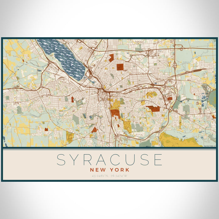 Syracuse New York Map Print Landscape Orientation in Woodblock Style With Shaded Background