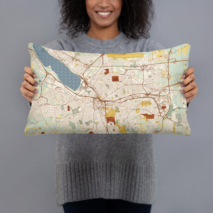 Person holding 20x12 Custom Syracuse New York Map Throw Pillow in Woodblock
