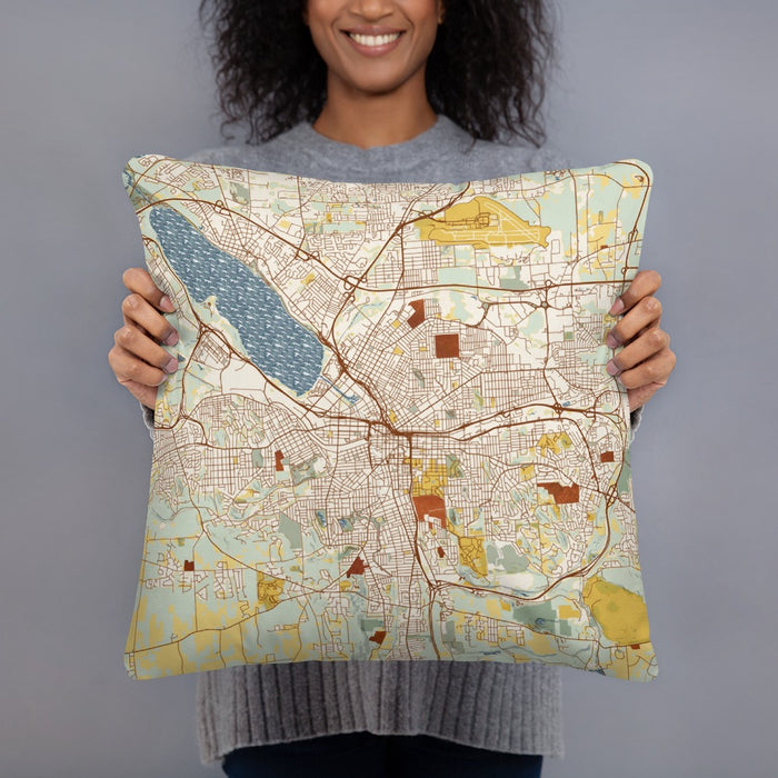 Person holding 18x18 Custom Syracuse New York Map Throw Pillow in Woodblock