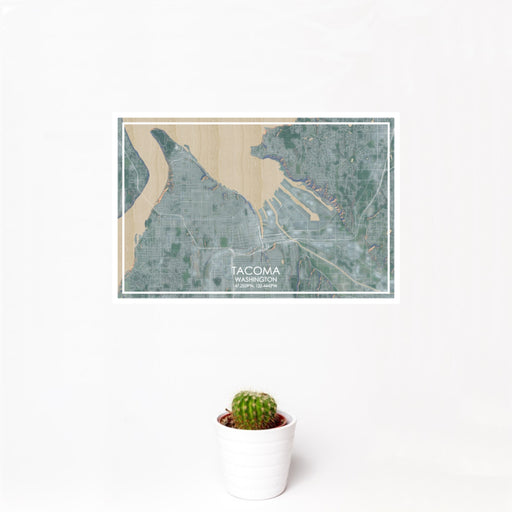 12x18 Tacoma Washington Map Print Landscape Orientation in Afternoon Style With Small Cactus Plant in White Planter
