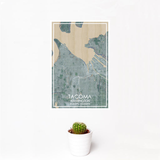 12x18 Tacoma Washington Map Print Portrait Orientation in Afternoon Style With Small Cactus Plant in White Planter