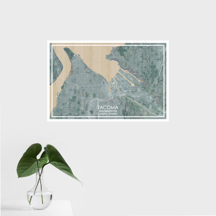 16x24 Tacoma Washington Map Print Landscape Orientation in Afternoon Style With Tropical Plant Leaves in Water